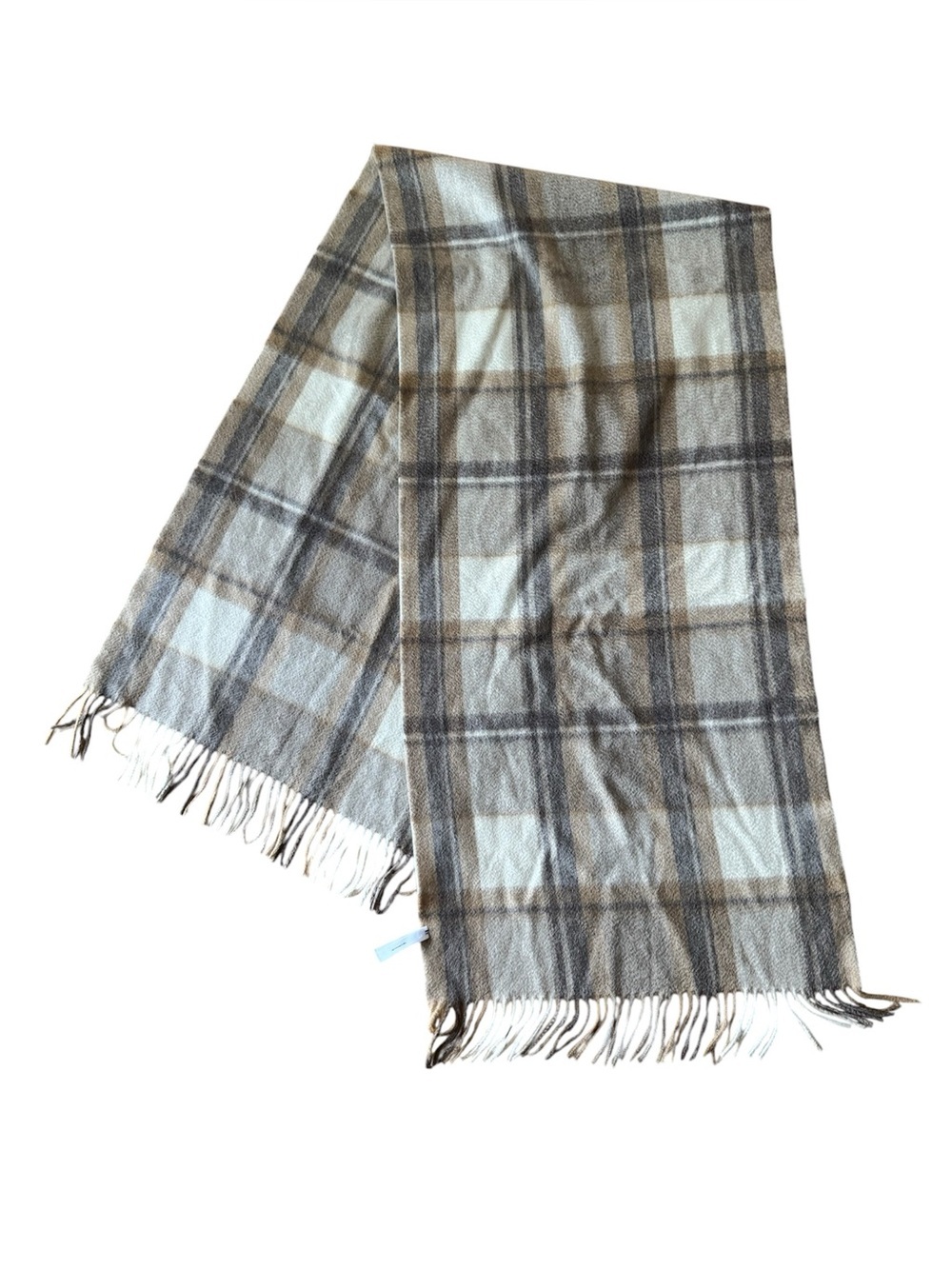 Talbots Cashmere Scarf Wide Fringe Wrap Plaid Cream Brown Tan Neutral